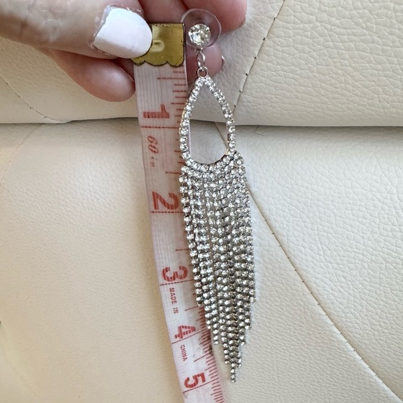 Tassel Long Chandelier Statement Earrings Silver Rhinestones bridal wedding New - Picture 5 of 5
